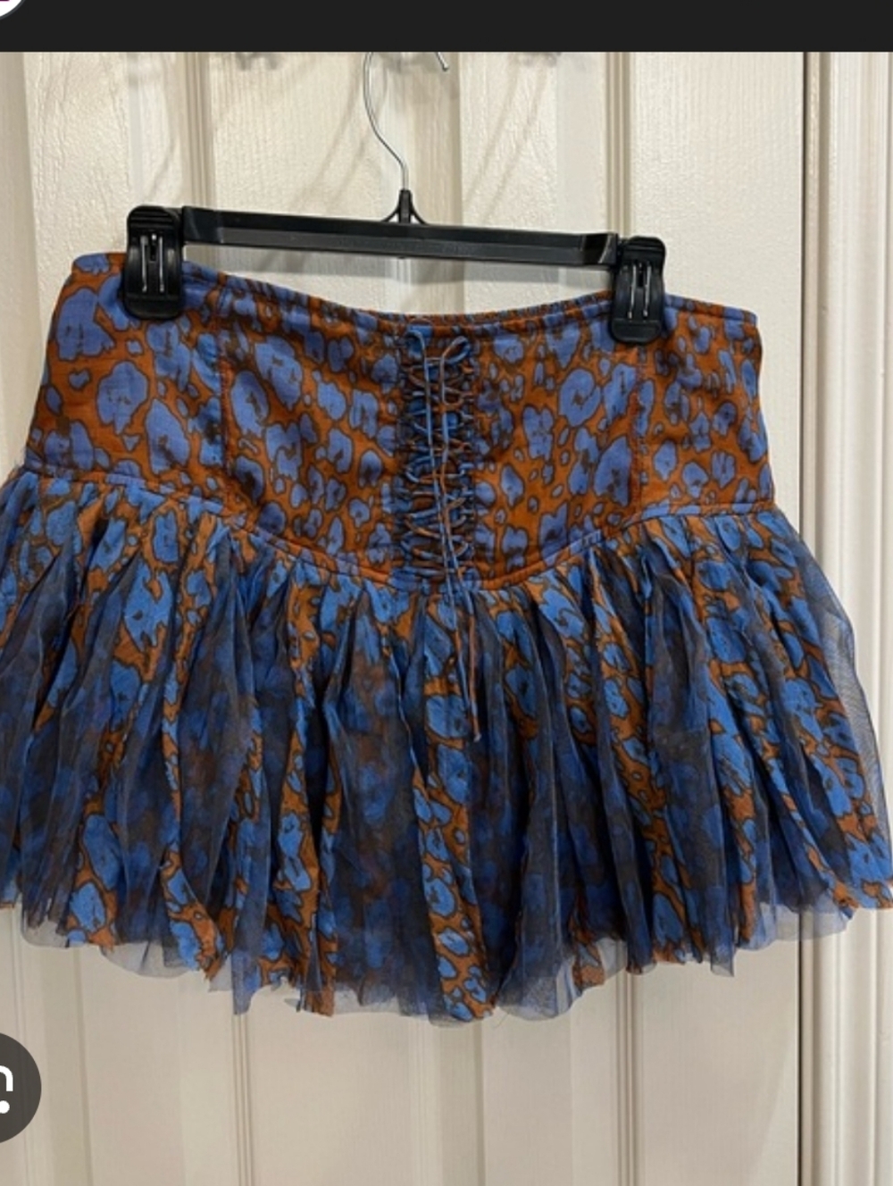 Free People Blue and Brown Printed Tiered Mini Skirt with Lace-Up Waist